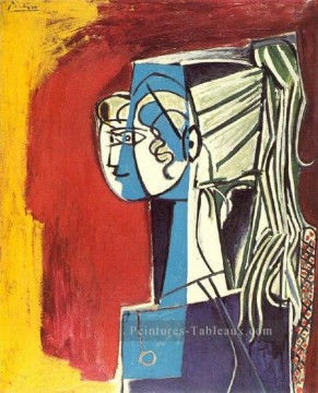 portrait Tableau Peinture - Portrait Sylvette David 26 sur fond rouge 1954 cubisme Pablo Picasso